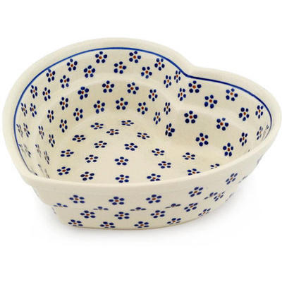 Polish Pottery Heart Shaped Bowl 9&quot; Daisy Dots