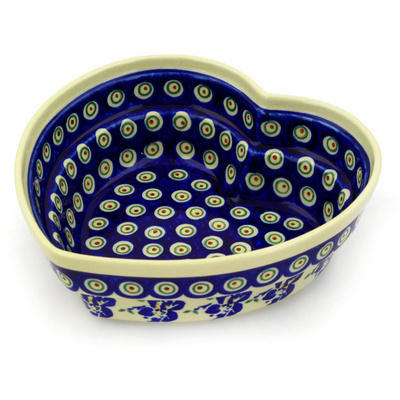 Polish Pottery Heart Shaped Bowl 9&quot; Royal Iris Peacock