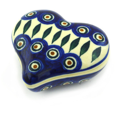 Polish Pottery Heart Shaped Jar 3&quot; Blue Peacock