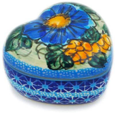 Polish Pottery Heart Shaped Jar 3&quot; Corn In The Blue UNIKAT