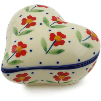 Polish Pottery Heart Shaped Jar 3&quot; Red Primrose