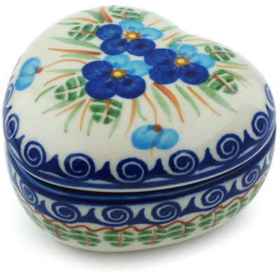 Polish Pottery Heart Shaped Jar 4&quot; Blue Pansy