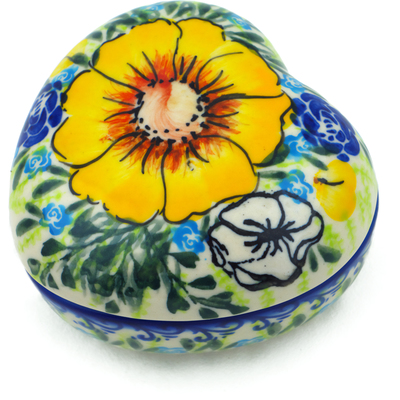 Polish Pottery Heart Shaped Jar 4&quot; Bright Blooms