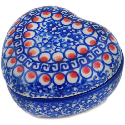Polish Pottery Heart Shaped Jar 4&quot; Floral Peacock