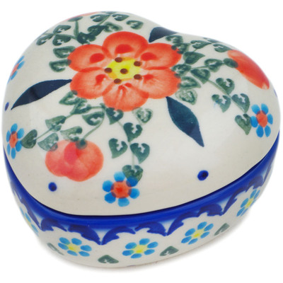 Polish Pottery Heart Shaped Jar 4&quot; Peach Tudor Rose