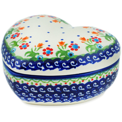 Polish Pottery Heart Shaped Jar 5&quot; Spring Flowers