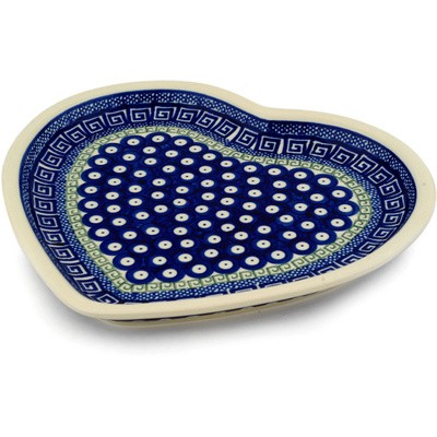 Polish Pottery Heart Shaped Platter 11&quot; Grecian Peacock