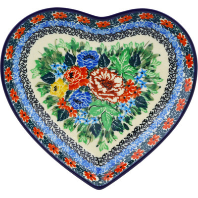 Polish Pottery Heart Shaped Platter 7&quot; Polish Garden UNIKAT