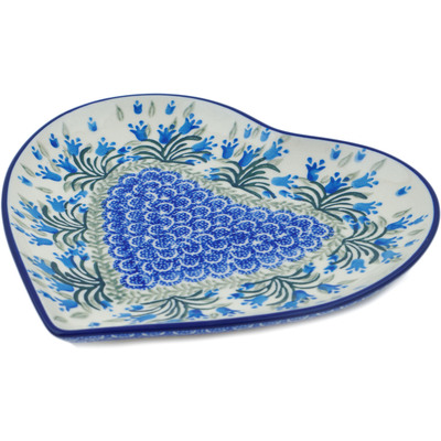 Polish Pottery Heart Shaped Platter 9&quot; Feathery Bluebells