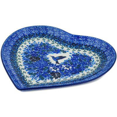 Polish Pottery Heart Shaped Platter 9&quot; Hummingbird Blue UNIKAT