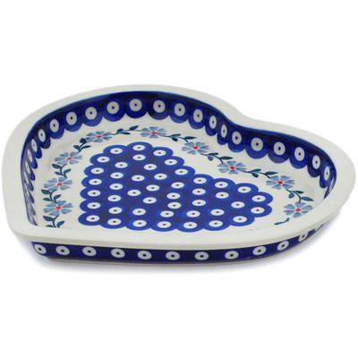 Polish Pottery Heart Shaped Platter 9&quot; Peacock Forget-me-not