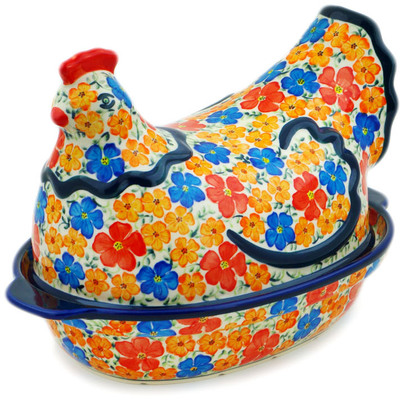 Polish Pottery Hen Shaped Jar 13&quot; Bright Blooms UNIKAT