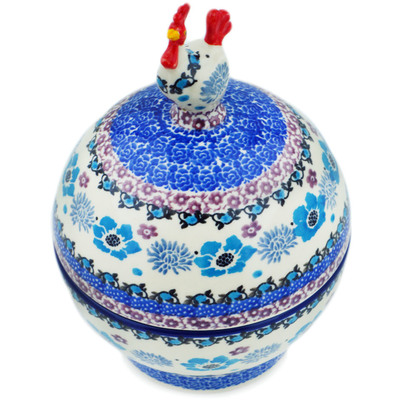 Polish Pottery Hen Shaped Jar 7&quot; Blooming Blues