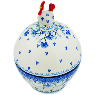 Polish Pottery Hen Shaped Jar 7&quot; Blue Grapevine