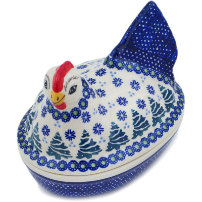 Polish Pottery Hen Shaped Jar 7&quot; Falling Snowflakes