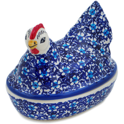 Polish Pottery Hen Shaped Jar 7&quot; Flowers On The Lake