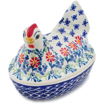 Polish Pottery Hen Shaped Jar 7&quot; Last Summer Flowers