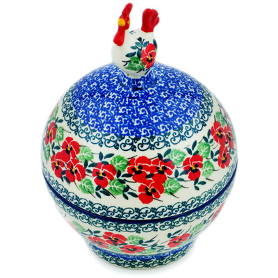 Polish Pottery Hen Shaped Jar 7&quot; Red Pansy