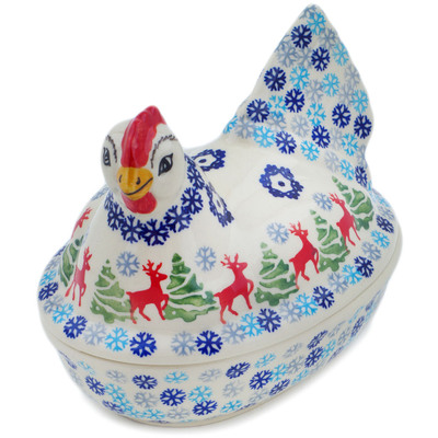Polish Pottery Hen Shaped Jar 7&quot; Ring Around The Reindeer
