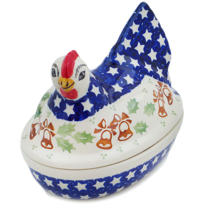 Polish Pottery Hen Shaped Jar 7&quot; Sleigh Bells