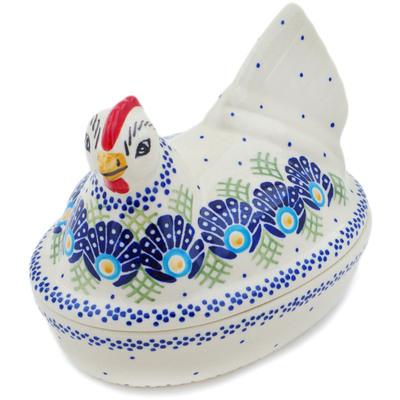 Polish Pottery Hen Shaped Jar 7&quot; Tail Feathers