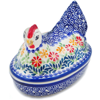 Polish Pottery Hen Shaped Jar 7&quot; Wave Of Flowers