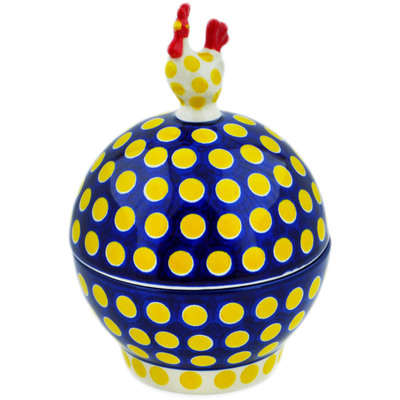 Polish Pottery Hen Shaped Jar 7&quot; Yellow Dots