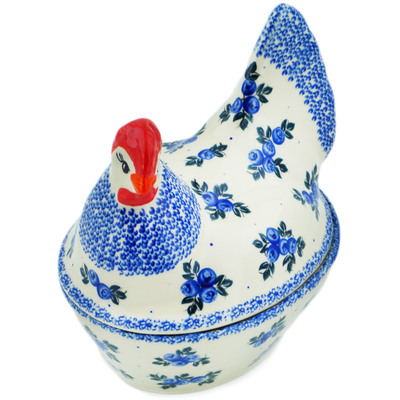 Polish Pottery Hen Shaped Jar 8&quot; Blue Berry Special UNIKAT