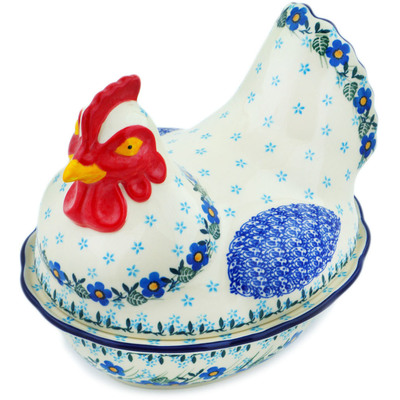 Polish Pottery Hen Shaped Jar 9&quot; Blue Joy