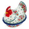 Polish Pottery Hen Shaped Jar 9&quot; Red Pansy