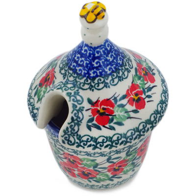 Polish Pottery Honey Jar 6 oz Red Pansy