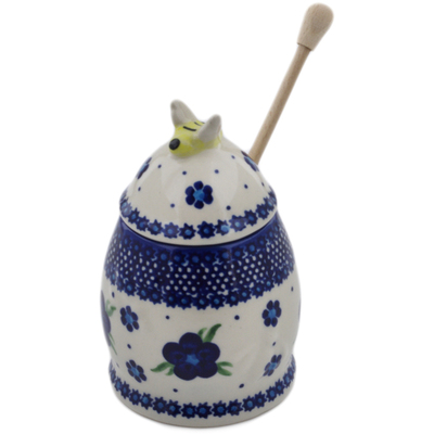 Polish Pottery Honey Jar with Dipper 5&quot; Bleu-belle Fleur