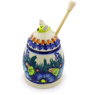 Polish Pottery Honey Jar with Dipper 5&quot; Butterfly Splendor