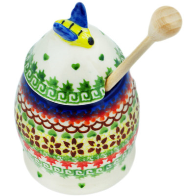 Polish Pottery Honey Jar with Dipper 5&quot; Cheerful Fall