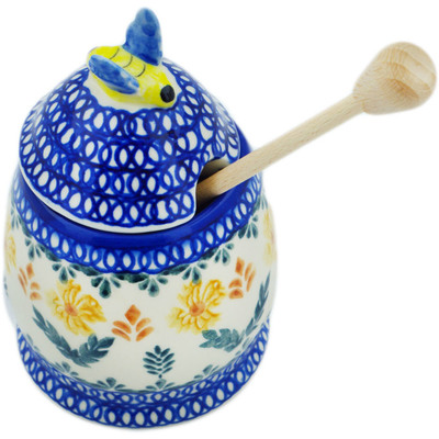 Polish Pottery Honey Jar with Dipper 5&quot; Golden Flower Garden