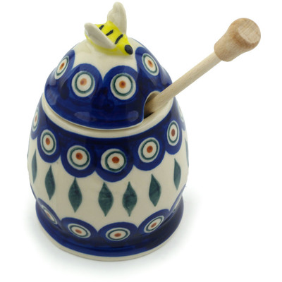 Polish Pottery Honey Jar with Dipper 5&quot; Peacock