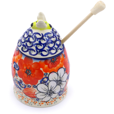 Polish Pottery Honey Jar with Dipper 5&quot; Poppy Passion UNIKAT