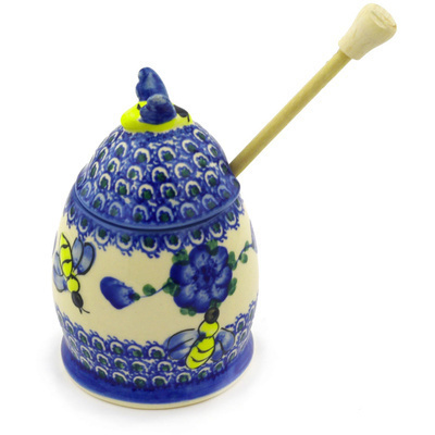 Polish Pottery Honey Jar with Dipper 6&quot; Blue Poppies UNIKAT