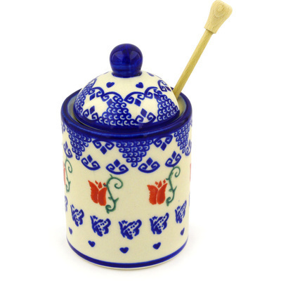 Polish Pottery Honey Jar with Dipper 6&quot; Butterfly Tulips