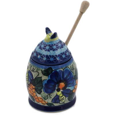 Polish Pottery Honey Jar with Dipper 6&quot; Corn In The Blue UNIKAT