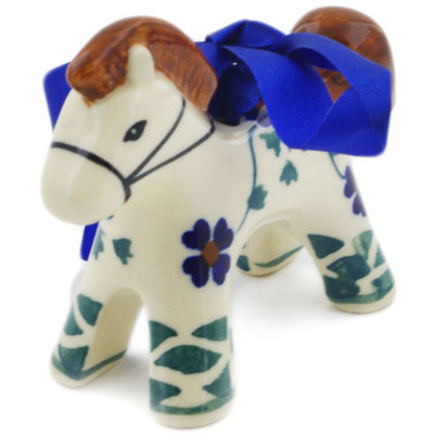 Polish Pottery Horse Ornament 3&quot; Lucky Blue Clover