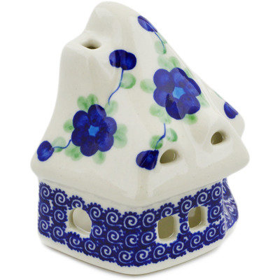Polish Pottery House Shaped Candle Holder 4&quot; Blue Poppies