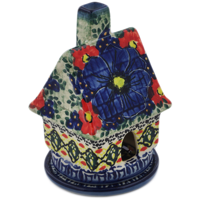 Polish Pottery House Shaped Candle Holder 5&quot; Aztec Flowers UNIKAT