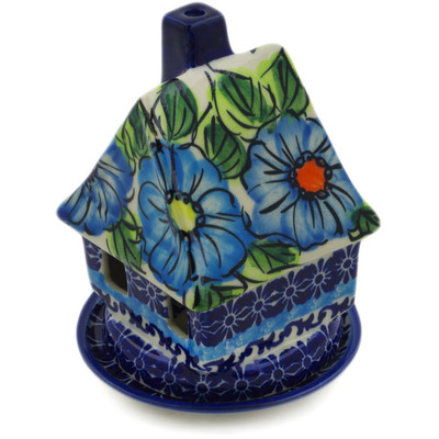 Polish Pottery House Shaped Candle Holder 5&quot; Bold Blue Poppies UNIKAT
