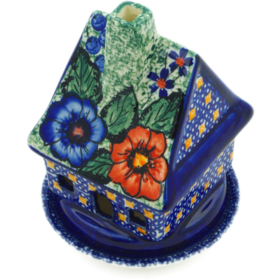 Polish Pottery House Shaped Candle Holder 5&quot; Bold Pansy