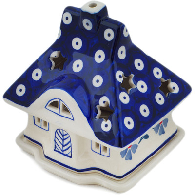 Polish Pottery House Shaped Candle Holder 5&quot; Peacock Forget-me-not