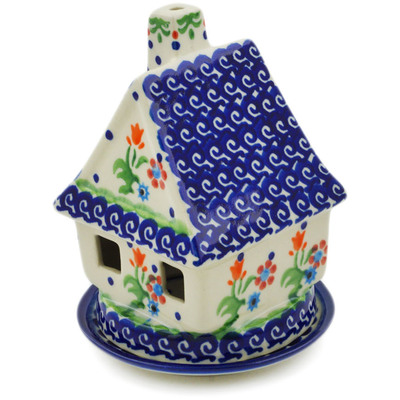 Polish Pottery House Shaped Candle Holder 5&quot; Spring Flowers