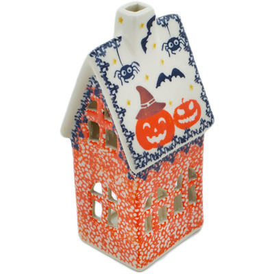 Polish Pottery House Shaped Candle Holder 6&quot; Halloween Spooky Pumpkin
