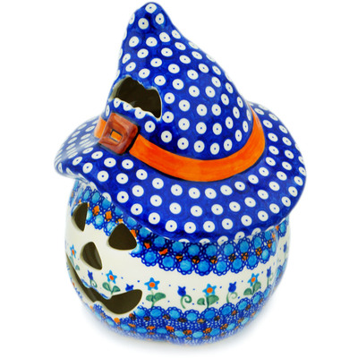 Polish Pottery Jack O Lantern Candle Holder 10&quot; Blue Tulip Garden UNIKAT
