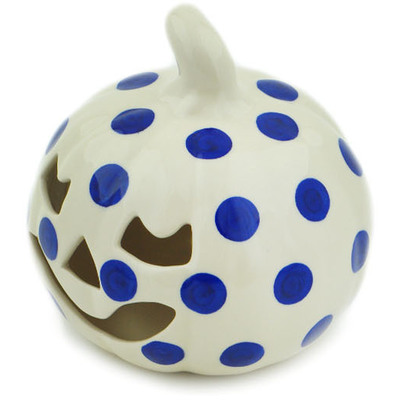 Polish Pottery Jack O Lantern Candle Holder 5&quot; Blue Polka Dot Beauty
